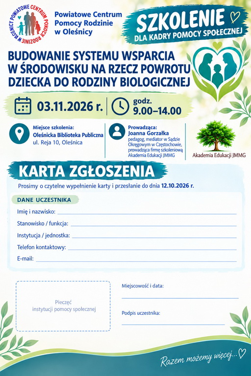 karta kwalifikacyjna do szkolenia dla kadry pomocy społecznej 03/11/26 karta kwalifikacyjna do wzięcia udziału w szkoleniu dla kadry pomocy społecznej zgłoszenia do dnia 12.10.2026 r. adres mailowy piecza@pcpr.olesnica.pl